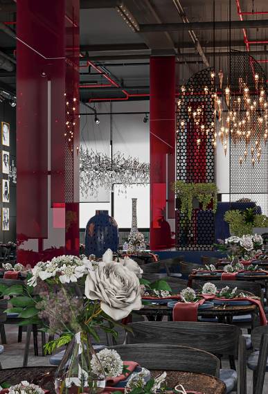 The building area is 2500 square meters. Special
lighting combined with geometric volumes on the ceiling and walls and the exciting colors of furniture together with Mediterranean plants, the view of the sea and forest have provided a special and attractive atmosphere in the restaurant