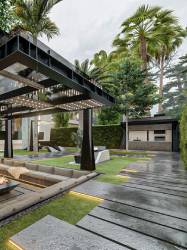 The modern architecture features of this villa include using glass and stone on the façade and great environmental space in the yard.