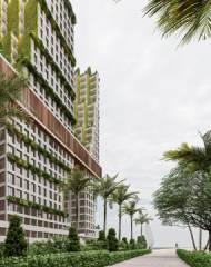 On the lower floors, there are smaller units with different plans, and on the higher ones, there are fewer but larger units. On one of the higher floors, there is a bridge that connects three towers to each other